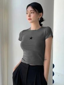 DAZY 星星印花短款T恤 - 深灰色 - 查看 4