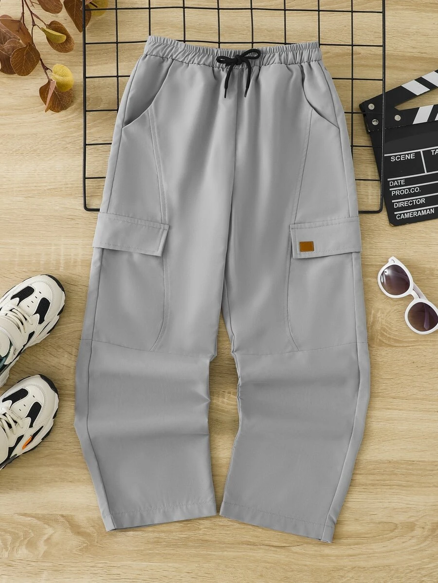 Boys Patched Detail Flap Pocket Side Drawstring Waist Cargo Trousers - Grey - View 1