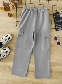 Boys Patched Detail Flap Pocket Side Drawstring Waist Cargo Trousers - Grey - View 2