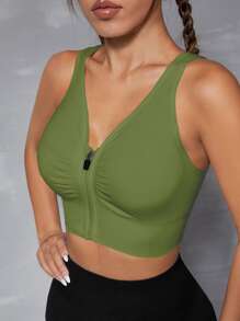 Yoga Basic Cut Out Back Ruched Zip Up Sports Bra - Army Green - View 3