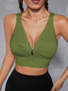Yoga Basic Cut Out Back Ruched Zip Up Sports Bra - Army Green - View 4