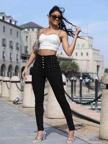 鉚釘細節紐扣門襟緊身牛仔褲 - 黑色 - 查看 6