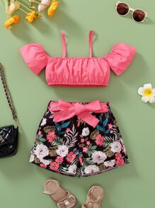 Toddler Girls Cold Shoulder Top & Floral Print Shorts - Multicolor - View 1