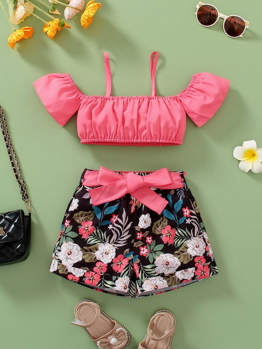 Toddler Girls Cold Shoulder Top & Floral Print Shorts - Multicolor - View 1