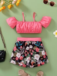Toddler Girls Cold Shoulder Top & Floral Print Shorts - Multicolor - View 2