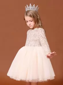 Toddler Girls Plaid Pattern Mesh Hem Dress - Multicolor - View 1