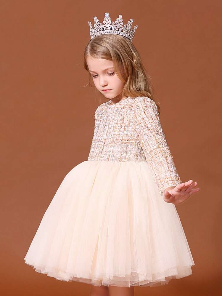 Toddler Girls Plaid Pattern Mesh Hem Dress - Multicolor - View 1