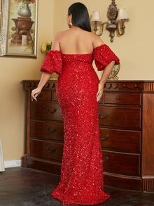 seomiscky Plus Off Shoulder Wrap Hem Sequin Formal Dress - Red - View 2