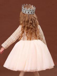 Toddler Girls Plaid Pattern Mesh Hem Dress - Multicolor - View 2