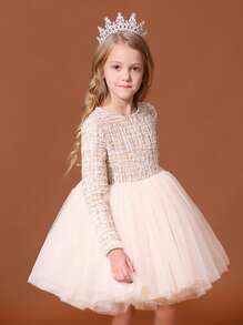 Toddler Girls Plaid Pattern Mesh Hem Dress - Multicolor - View 3