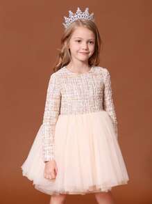 Toddler Girls Plaid Pattern Mesh Hem Dress - Multicolor - View 4