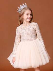 Toddler Girls Plaid Pattern Mesh Hem Dress - Multicolor - View 6