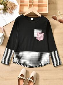 Girls Striped Print Sequin Patched Pocket Tee - Black and White - View 1