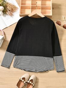 Girls Striped Print Sequin Patched Pocket Tee - Black and White - View 2