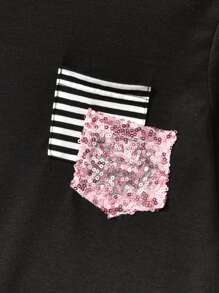 Girls Striped Print Sequin Patched Pocket Tee - Black and White - View 3