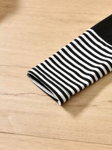 Girls Striped Print Sequin Patched Pocket Tee - Black and White - View 4