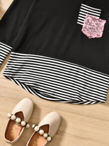 Girls Striped Print Sequin Patched Pocket Tee - Black and White - View 5