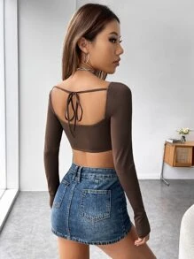 SHEIN PETITE Scoop Neck Tied Backless Crop Top - Coffee Brown - View 2