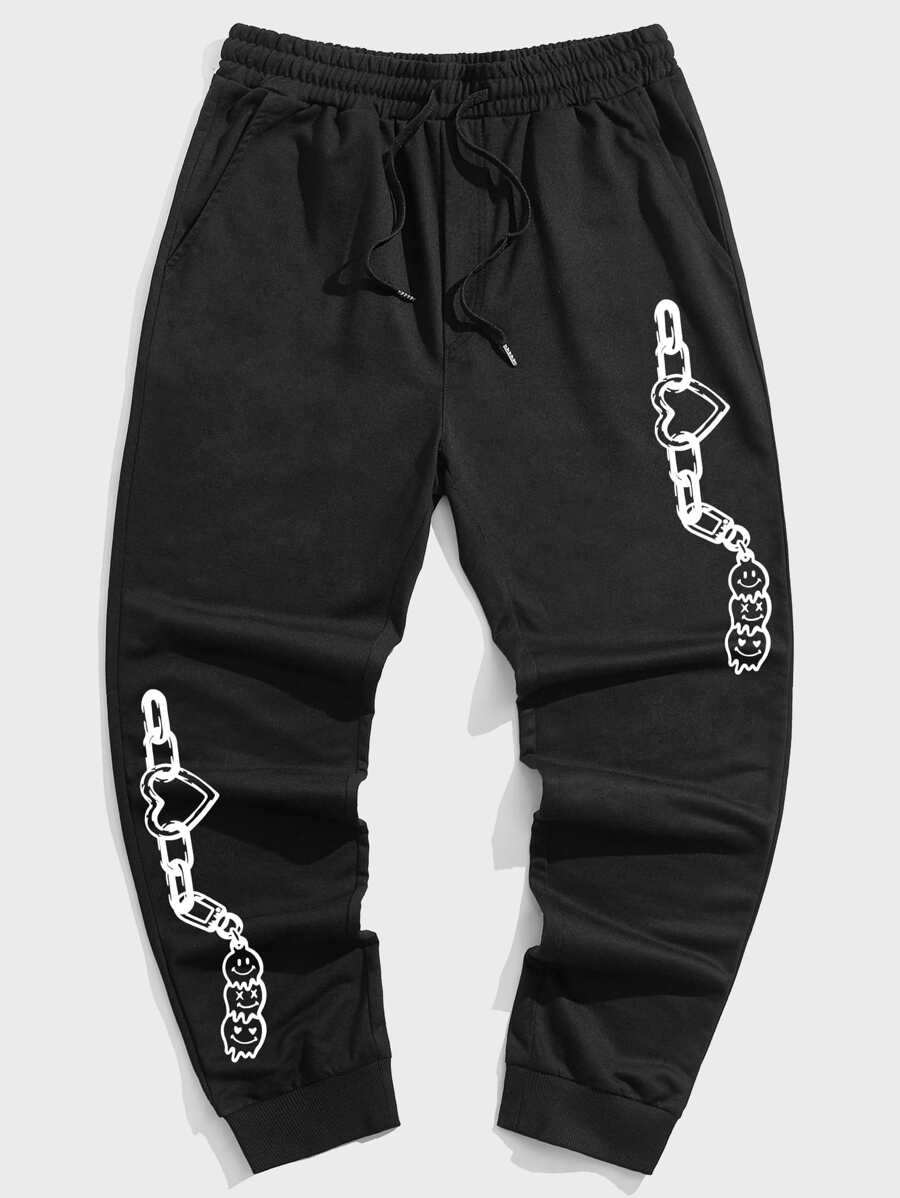 ROMWE MEN Street Life Các bạn Đồ họa chuỗi Eo dây rút Quần thể thao - màu đen - Xem 1