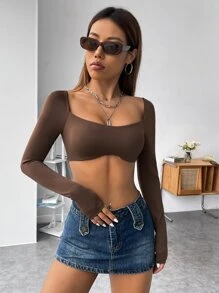 SHEIN PETITE Scoop Neck Tied Backless Crop Top - Coffee Brown - View 6