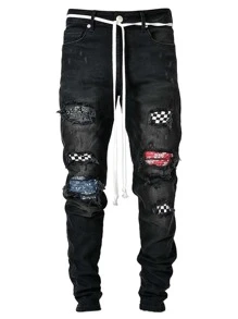 ROMWE MEN Grunge Punk Guys Plaid Ripped Stacked Jeans - Black - View 1