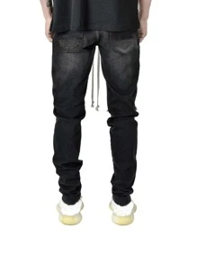 ROMWE MEN Street Life Nam Bông Rách Chồng Quần jean - màu đen - Xem 2