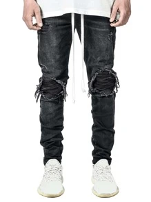 ROMWE MEN Street Life Nam Bông Rách Chồng Quần jean - màu đen - Xem 3