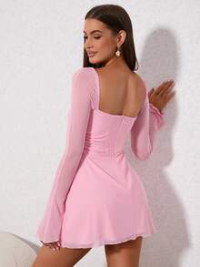 PARTHEA 木耳邊前繫帶荷葉袖網紗連衣裙 - 粉色 - 查看 2