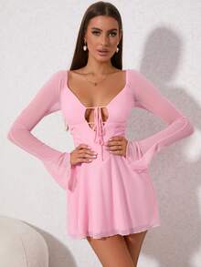 PARTHEA 木耳邊前繫帶荷葉袖網紗連衣裙 - 粉色 - 查看 3