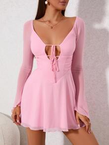 PARTHEA 木耳邊前繫帶荷葉袖網紗連衣裙 - 粉色 - 查看 5