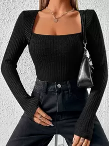 SHEIN Privé Square Neck Waffle Knit Tee - Black - View 1