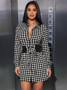 SHEIN PETITE Đầm Nút áo nịt Ren lên Dây kéo Thùa khuyết răng cưa Thanh lịch - Đen và trắng - Xem 3