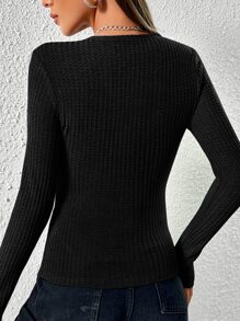 SHEIN Privé Square Neck Waffle Knit Tee - Black - View 2