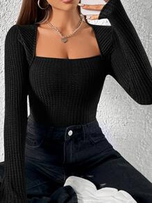 SHEIN Privé Square Neck Waffle Knit Tee - Black - View 4