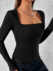 SHEIN Privé Square Neck Waffle Knit Tee - Black - View 5