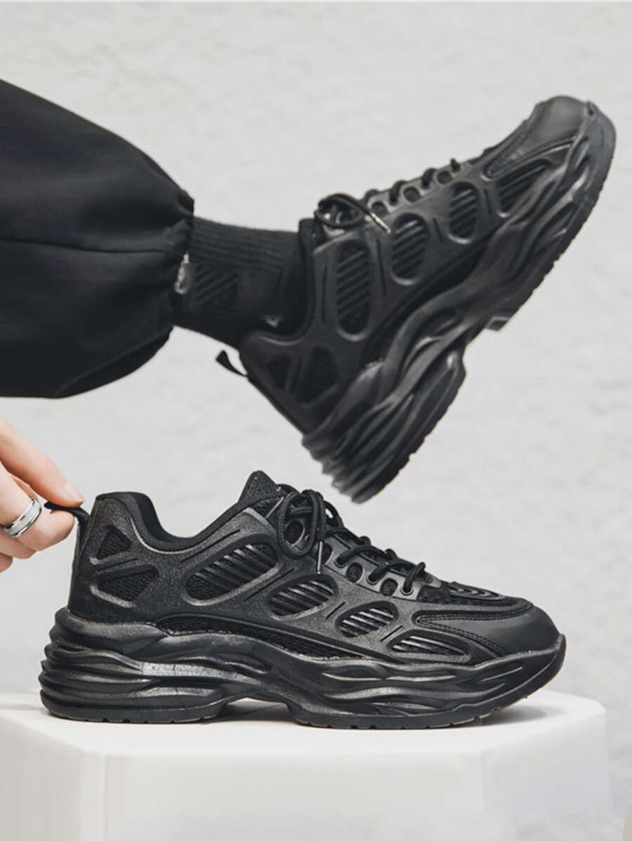 Men Lace-up Front Chunky Sneakers - Black - View 1