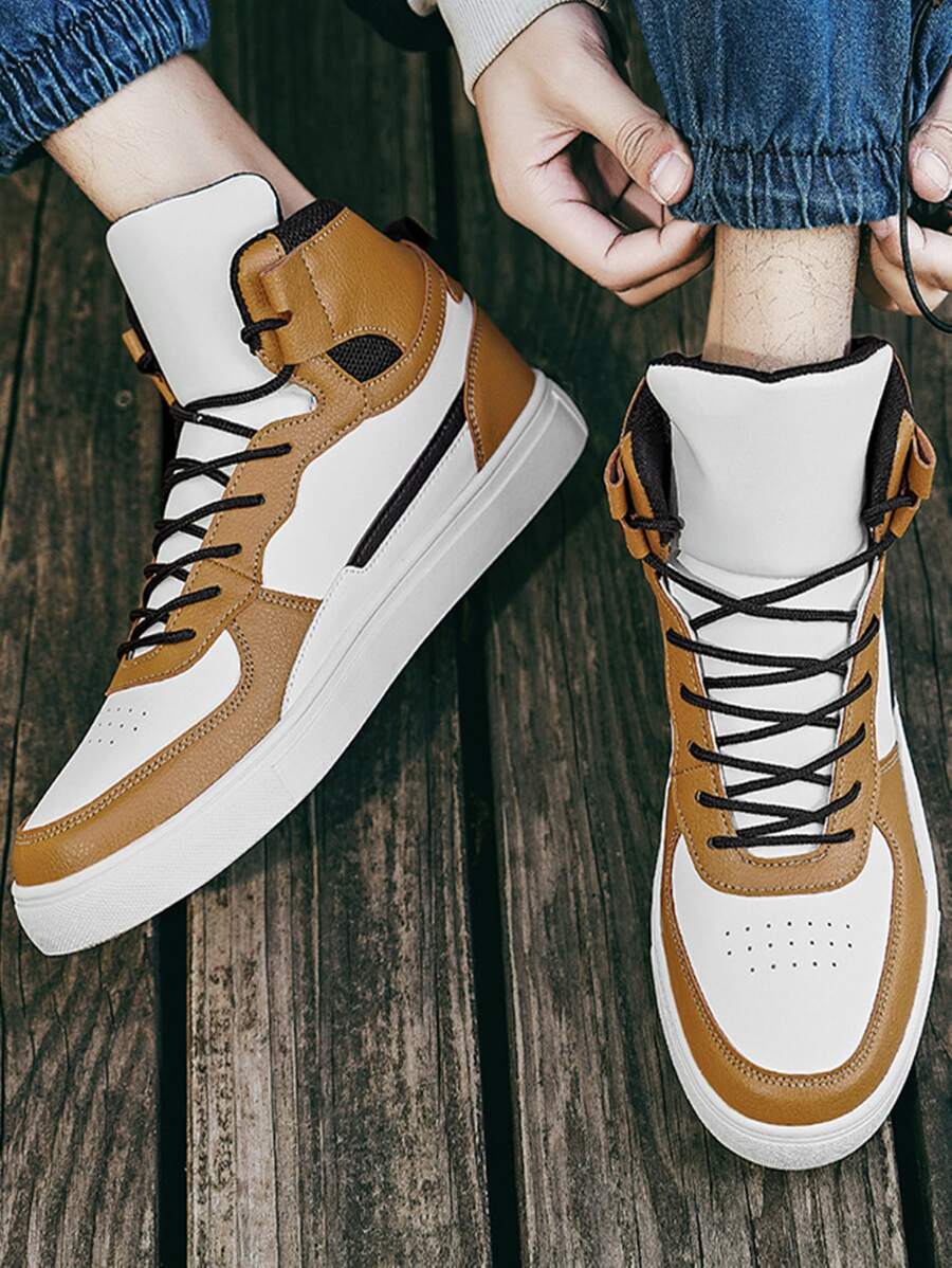 Men Color Block High Top Lace-up Front Skate Shoes - Khaki - View 1