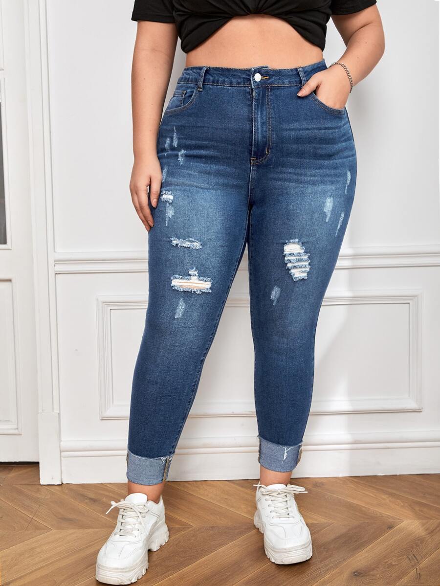 SHEIN Essnce Quần Denim kích thước lớn Túi Bị tách Dây kéo màu trơn - Rửa tối - Xem 1