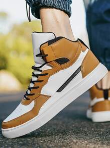 Men Color Block High Top Lace-up Front Skate Shoes - Khaki - View 5