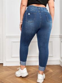 SHEIN Essnce Quần Denim kích thước lớn Túi Bị tách Dây kéo màu trơn - Rửa tối - Xem 2