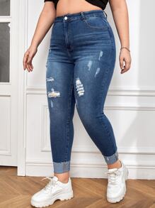 SHEIN Essnce Quần Denim kích thước lớn Túi Bị tách Dây kéo màu trơn - Rửa tối - Xem 3