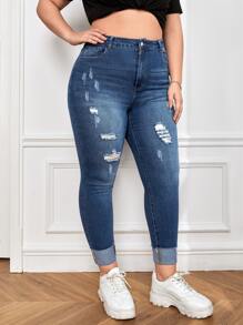 SHEIN Essnce Quần Denim kích thước lớn Túi Bị tách Dây kéo màu trơn - Rửa tối - Xem 4