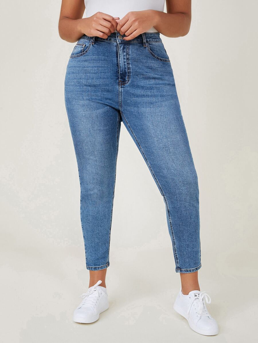 SHEIN Essnce Plus High Waist Skinny Jeans - Medium Wash - View 1