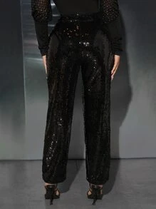 SHEIN PETITE High Waist Sequin Straight Leg Trousers - Black - View 2