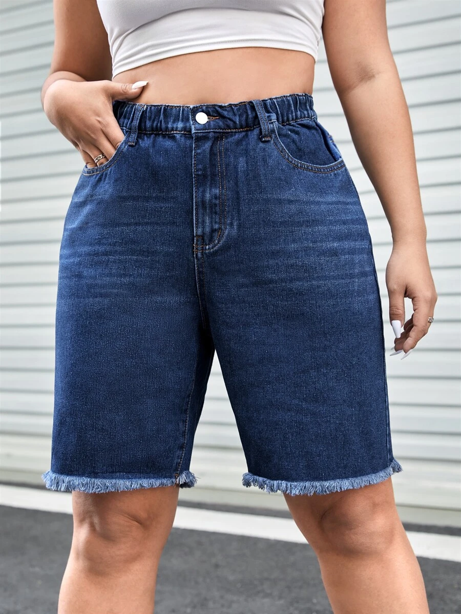 SHEIN EZwear Plus Raw Hem Denim Shorts - Dark Wash - View 1