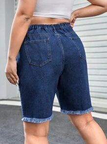 SHEIN EZwear Plus Raw Hem Denim Shorts - Dark Wash - View 2