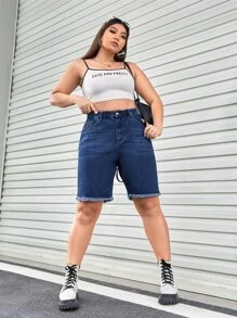 SHEIN EZwear Plus Raw Hem Denim Shorts - Dark Wash - View 3