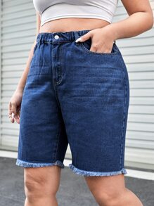 SHEIN EZwear Plus Raw Hem Denim Shorts - Dark Wash - View 4