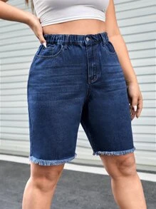 SHEIN EZwear Plus Raw Hem Denim Shorts - Dark Wash - View 5