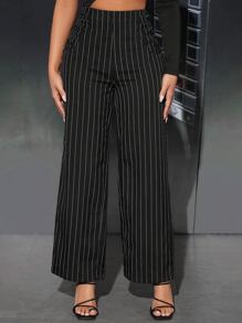 SHEIN PETITE 女士高腰条纹阔腿宽松休闲裤，百搭 - 黑色 - 查看 1